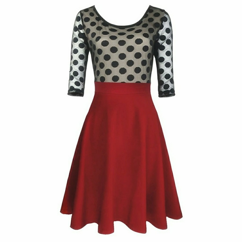 Red 1950'S Style Mesh Polka Dot 2/3 Sleeve